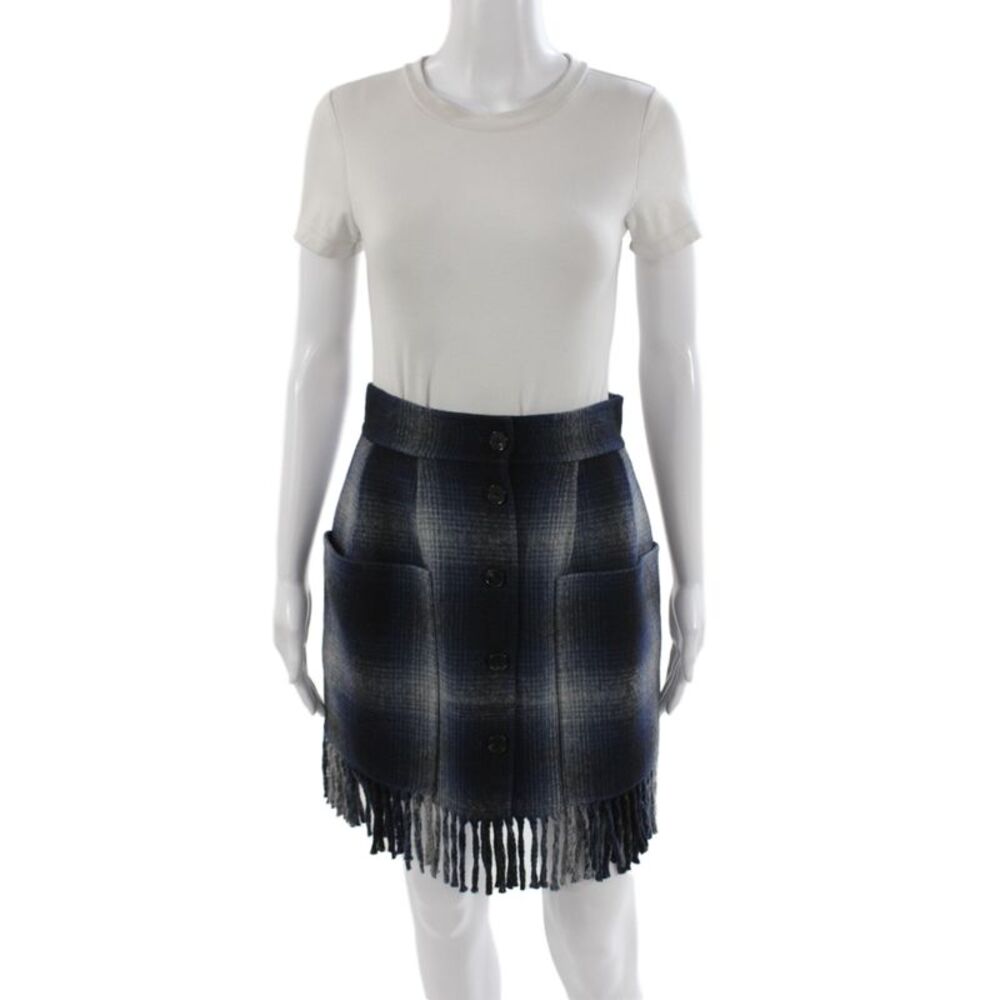Christian Dior Womens Mini Plaid Virgin Wool Skirt Blue Button Size 6 - Picture 1 of 5